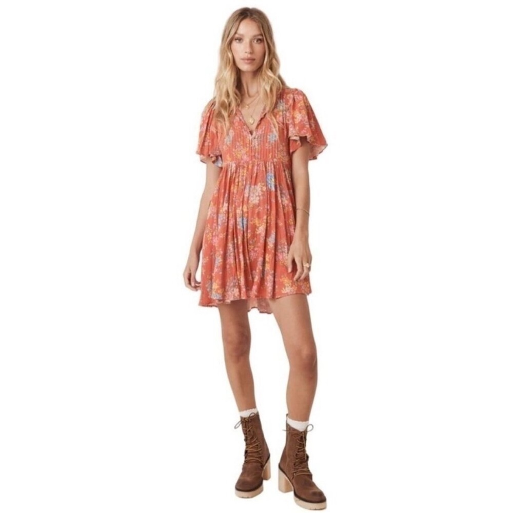 Spell & the Gypsy Meadowland Flutter Sleeve Mini Dress Poppy Floral Orange